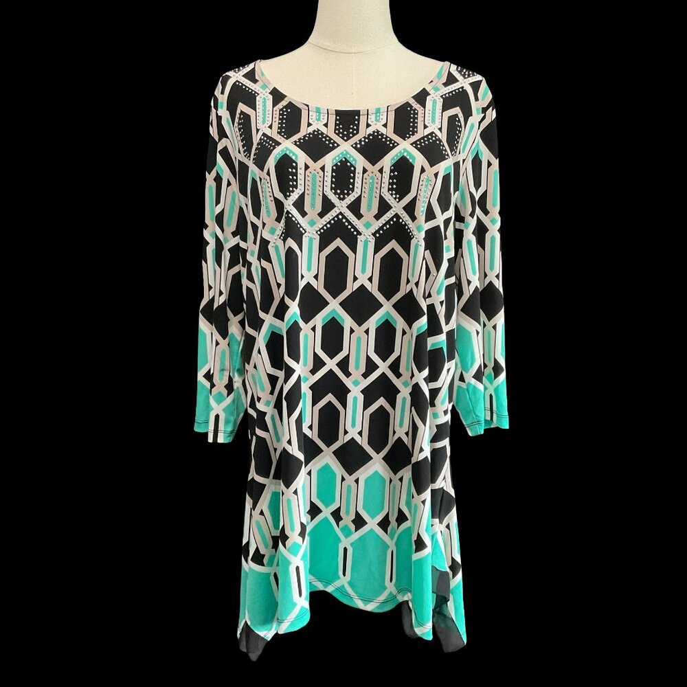 Teal/Black/White Abstract Print Tunic Top w/ Rhinestone Details